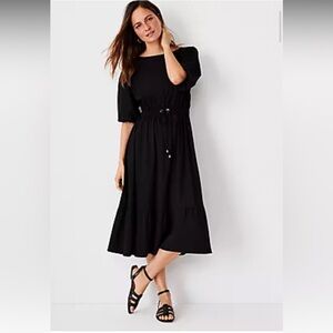 Ann Taylor Plus Size Black Midi Dress | Drawstring Waist, Ruffle Hem, XXL